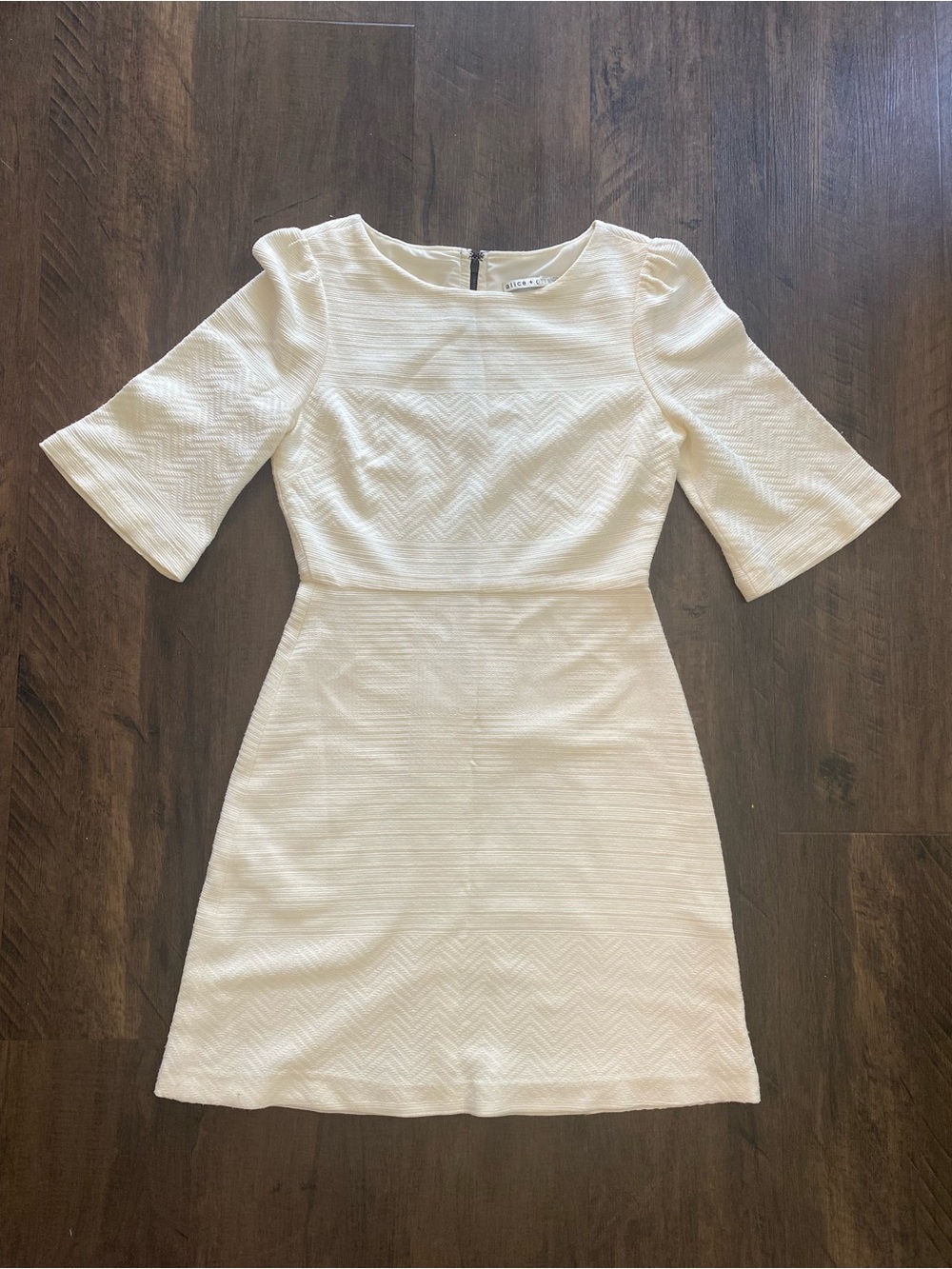 Alice + Olivia Ivory White Leather Trim Textured Chevron Dress Sz 2 C407544305
